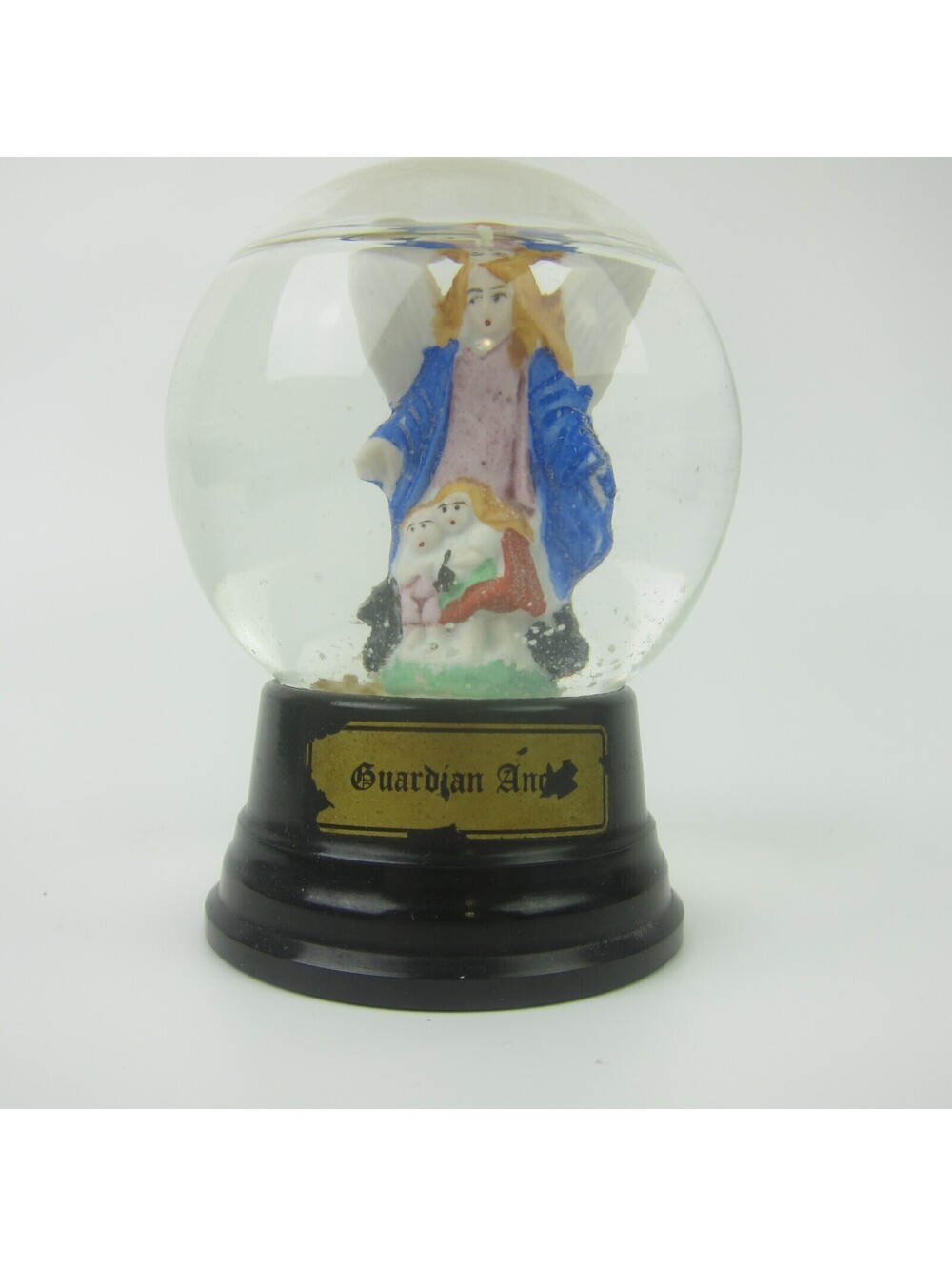 Vintage 1950s Snow Globe Guardian Angel Children Girl Holds Baby Boy 3.5" Tall